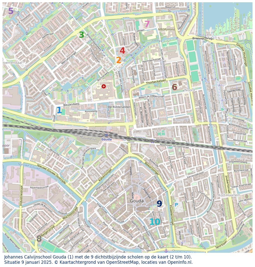 Kaart van de school met de tien dichtsbijzijnde scholen. Hierbij zijn de scholen genummerd van 1 tot en met 10. Nummer 1 is toegekend aan de schoolvestiging zelf: Johannes Calvijnschool Gouda.