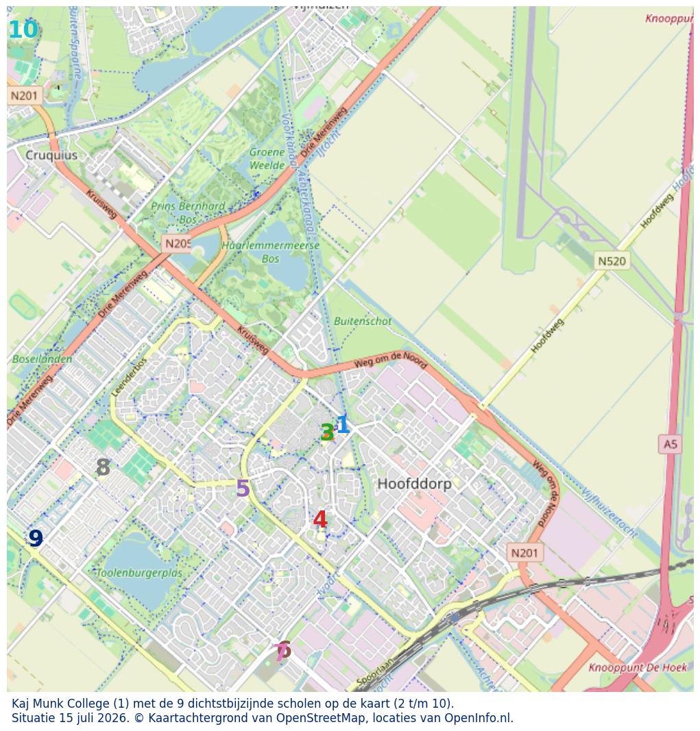 Kaart van de school met de tien dichtsbijzijnde scholen. Hierbij zijn de scholen genummerd van 1 tot en met 10. Nummer 1 is toegekend aan de schoolvestiging zelf: Kaj Munk College.