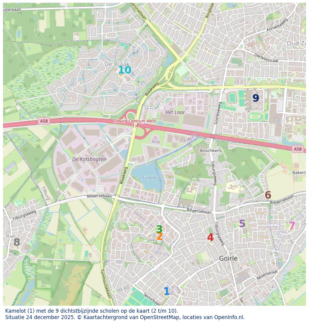 Kaart van de school met de tien dichtsbijzijnde scholen. Hierbij zijn de scholen genummerd van 1 tot en met 10. Nummer 1 is toegekend aan de schoolvestiging zelf: Kamelot.