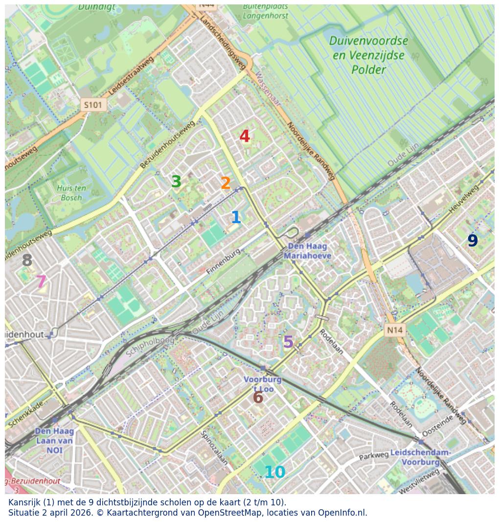 Kaart van de school met de tien dichtsbijzijnde scholen. Hierbij zijn de scholen genummerd van 1 tot en met 10. Nummer 1 is toegekend aan de schoolvestiging zelf: Kansrijk.