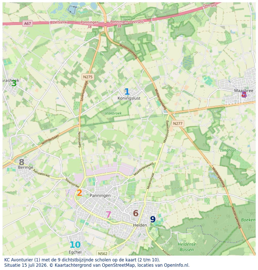 Kaart van de school met de tien dichtsbijzijnde scholen. Hierbij zijn de scholen genummerd van 1 tot en met 10. Nummer 1 is toegekend aan de schoolvestiging zelf: KC Avonturier.