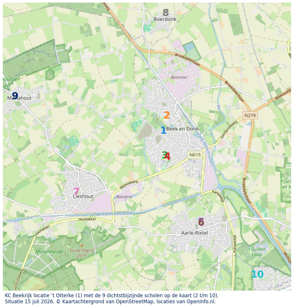 Kaart van de school met de tien dichtsbijzijnde scholen. Hierbij zijn de scholen genummerd van 1 tot en met 10. Nummer 1 is toegekend aan de schoolvestiging zelf: KC Beekrijk locatie ’t Otterke.
