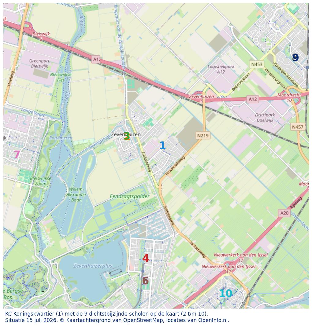 Kaart van de school met de tien dichtsbijzijnde scholen. Hierbij zijn de scholen genummerd van 1 tot en met 10. Nummer 1 is toegekend aan de schoolvestiging zelf: KC Koningskwartier.