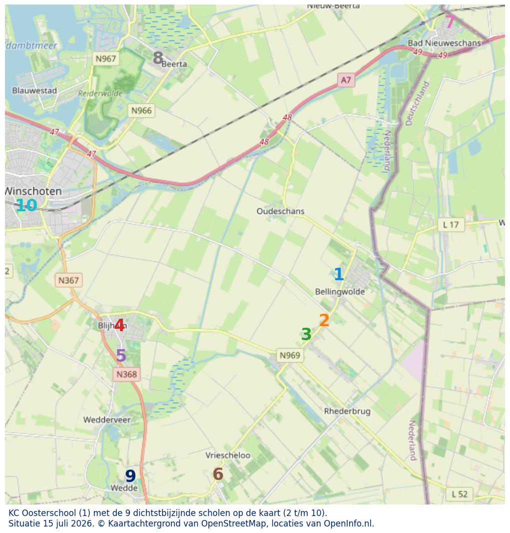 Kaart van de school met de tien dichtsbijzijnde scholen. Hierbij zijn de scholen genummerd van 1 tot en met 10. Nummer 1 is toegekend aan de schoolvestiging zelf: KC Oosterschool.