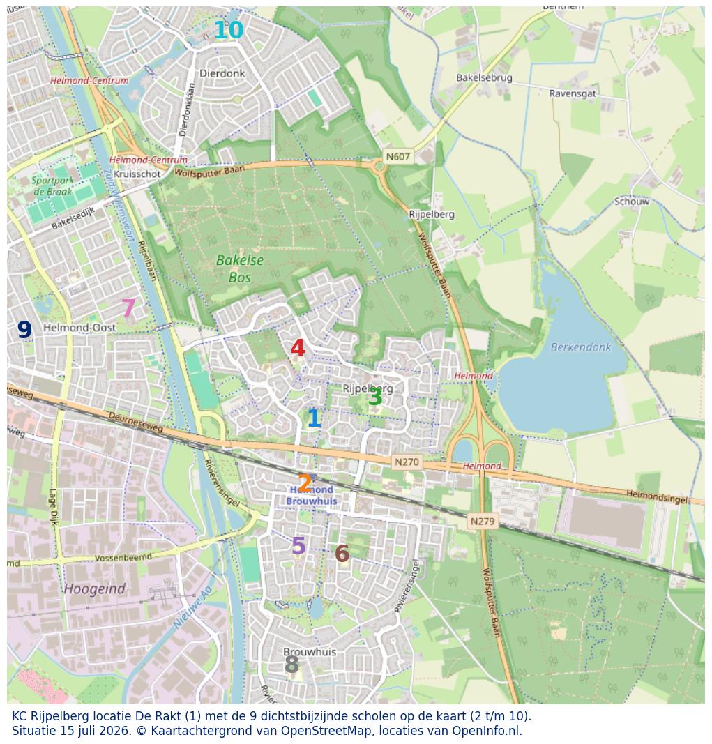 Kaart van de school met de tien dichtsbijzijnde scholen. Hierbij zijn de scholen genummerd van 1 tot en met 10. Nummer 1 is toegekend aan de schoolvestiging zelf: KC Rijpelberg locatie De Rakt.