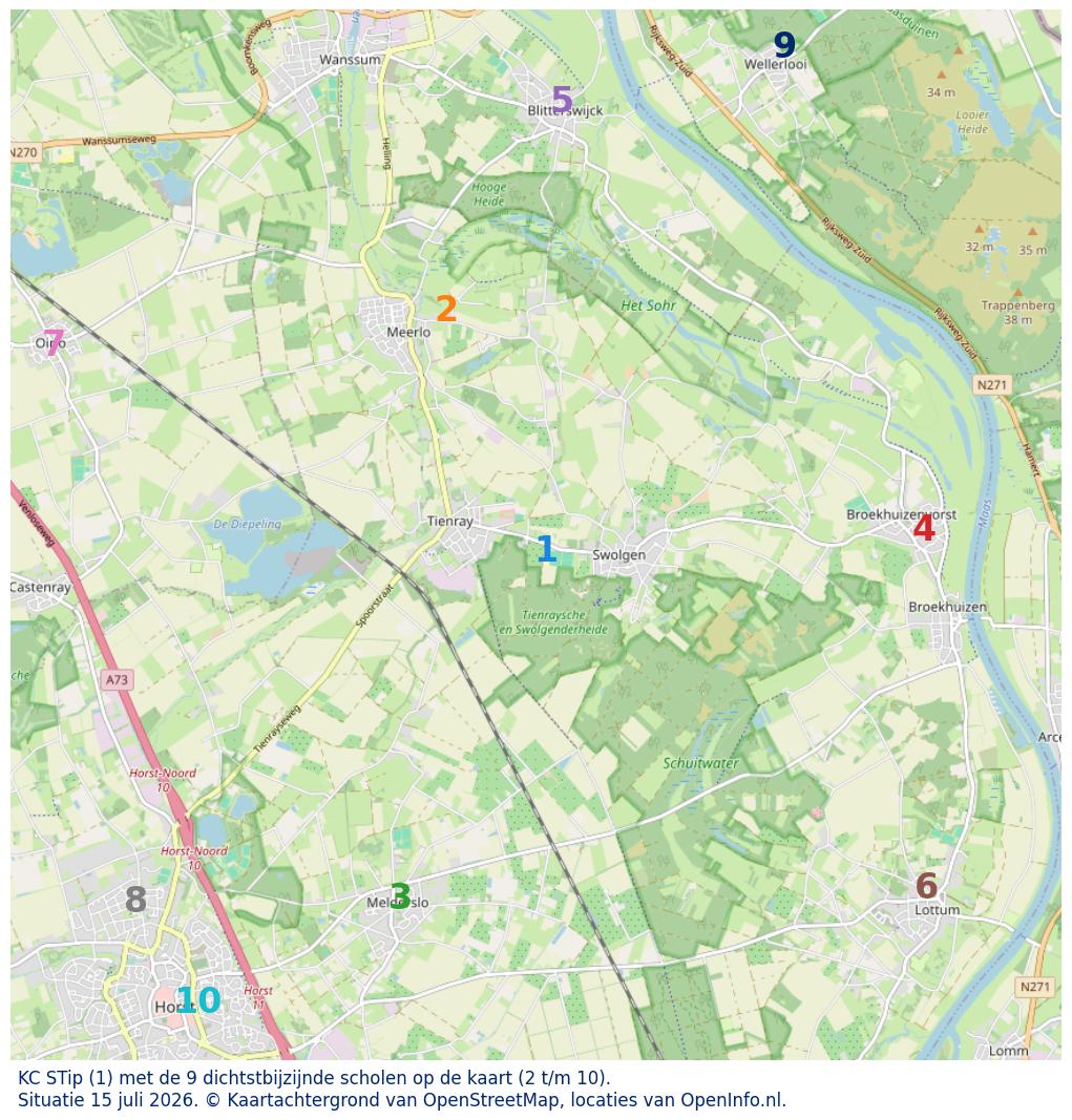 Kaart van de school met de tien dichtsbijzijnde scholen. Hierbij zijn de scholen genummerd van 1 tot en met 10. Nummer 1 is toegekend aan de schoolvestiging zelf: KC STip.