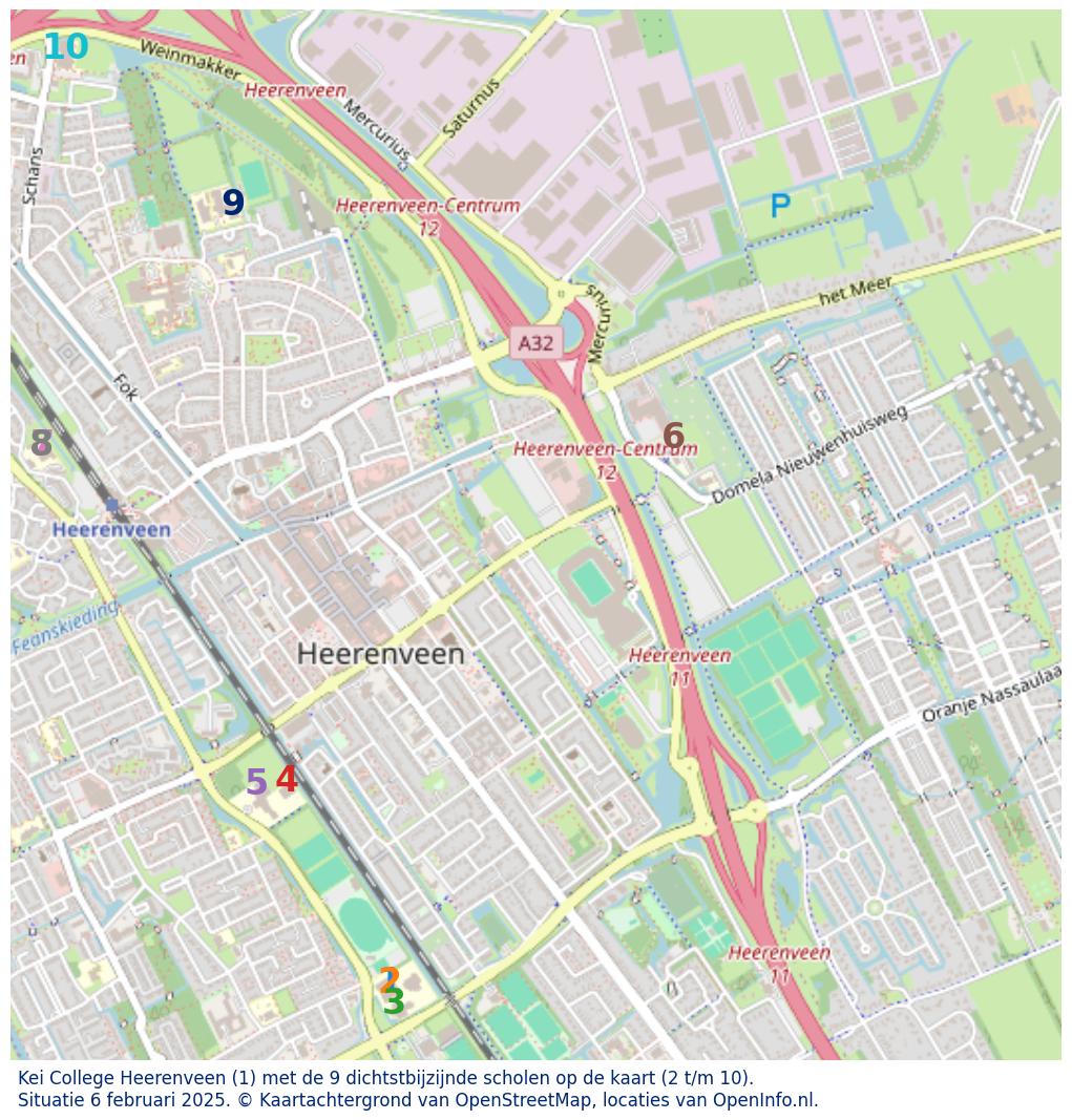 Kaart van de school met de tien dichtsbijzijnde scholen. Hierbij zijn de scholen genummerd van 1 tot en met 10. Nummer 1 is toegekend aan de schoolvestiging zelf: Kei College Heerenveen.