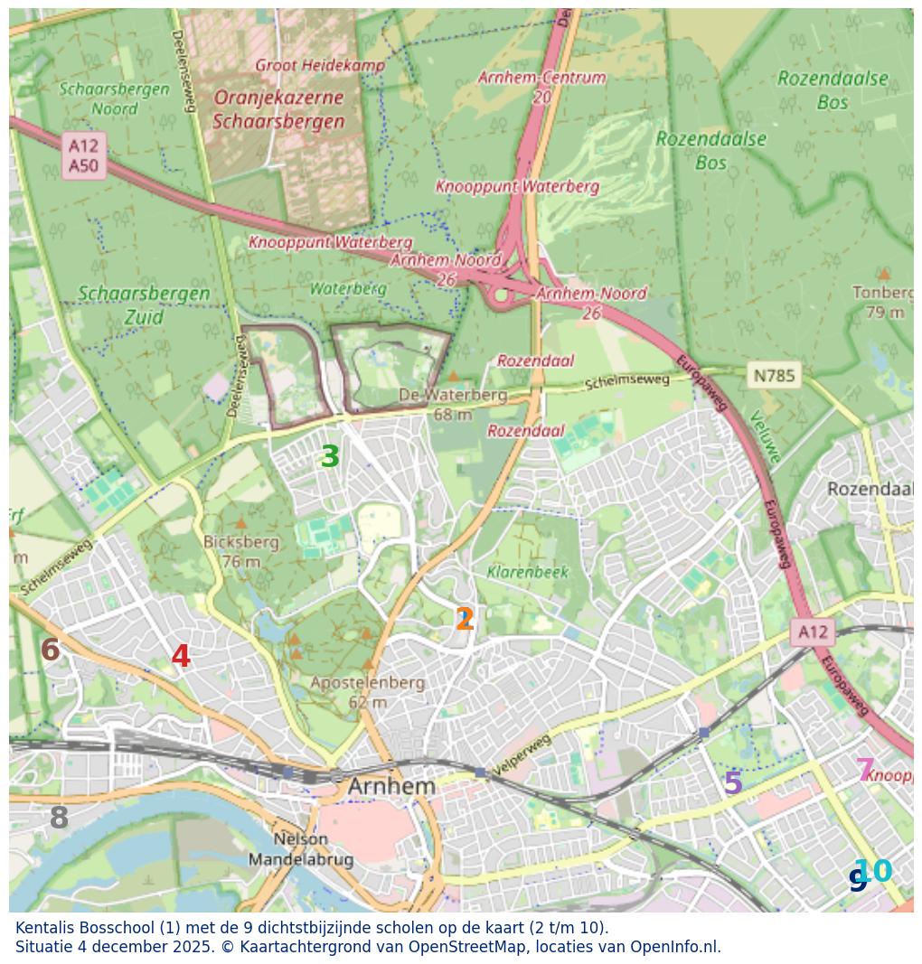 Kaart van de school met de tien dichtsbijzijnde scholen. Hierbij zijn de scholen genummerd van 1 tot en met 10. Nummer 1 is toegekend aan de schoolvestiging zelf: Kentalis Bosschool.