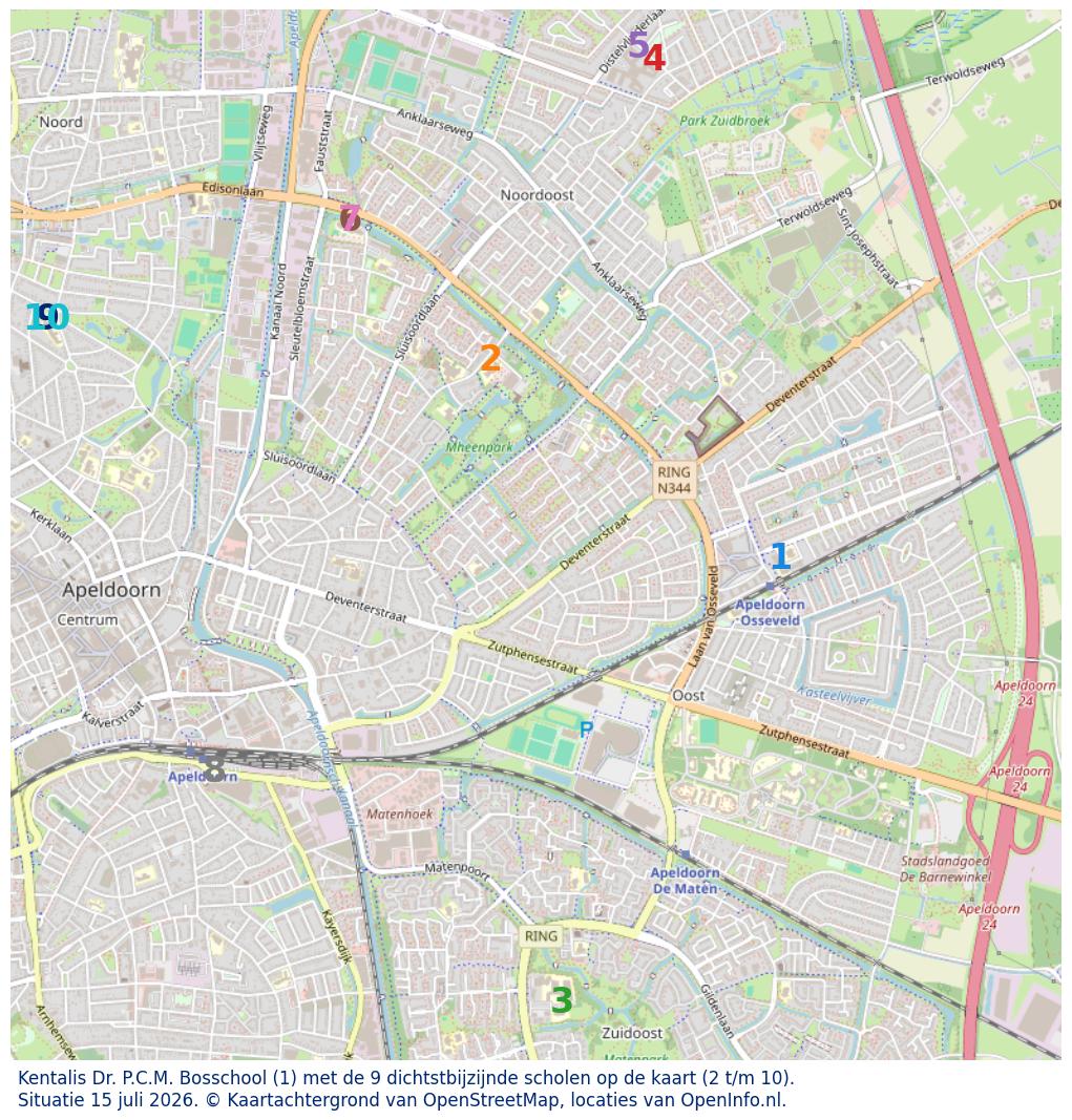 Kaart van de school met de tien dichtsbijzijnde scholen. Hierbij zijn de scholen genummerd van 1 tot en met 10. Nummer 1 is toegekend aan de schoolvestiging zelf: Kentalis Dr. P.C.M. Bosschool.