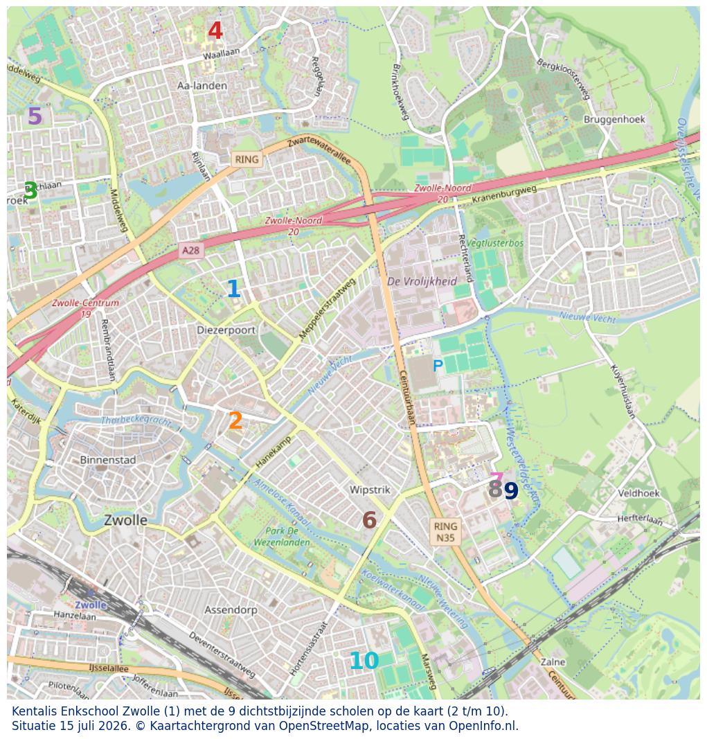 Kaart van de school met de tien dichtsbijzijnde scholen. Hierbij zijn de scholen genummerd van 1 tot en met 10. Nummer 1 is toegekend aan de schoolvestiging zelf: Kentalis Enkschool Zwolle.