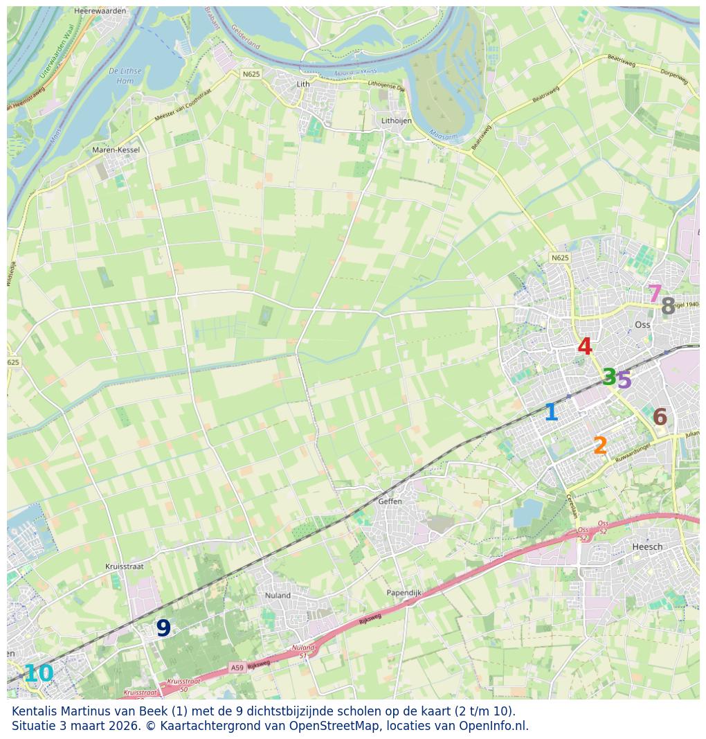Kaart van de school met de tien dichtsbijzijnde scholen. Hierbij zijn de scholen genummerd van 1 tot en met 10. Nummer 1 is toegekend aan de schoolvestiging zelf: Kentalis Martinus van Beek.