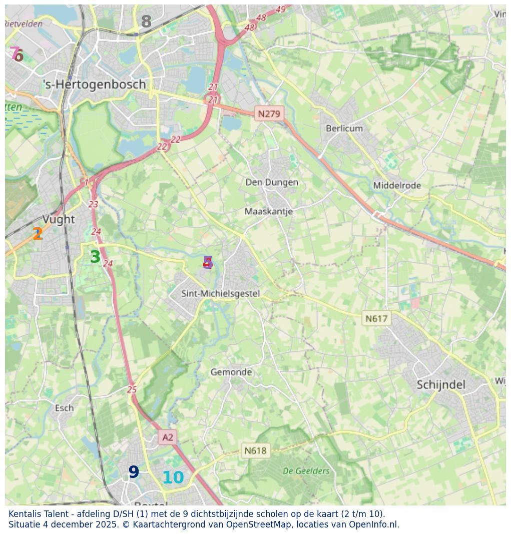 Kaart van de school met de tien dichtsbijzijnde scholen. Hierbij zijn de scholen genummerd van 1 tot en met 10. Nummer 1 is toegekend aan de schoolvestiging zelf: Kentalis Talent - afdeling D/SH.