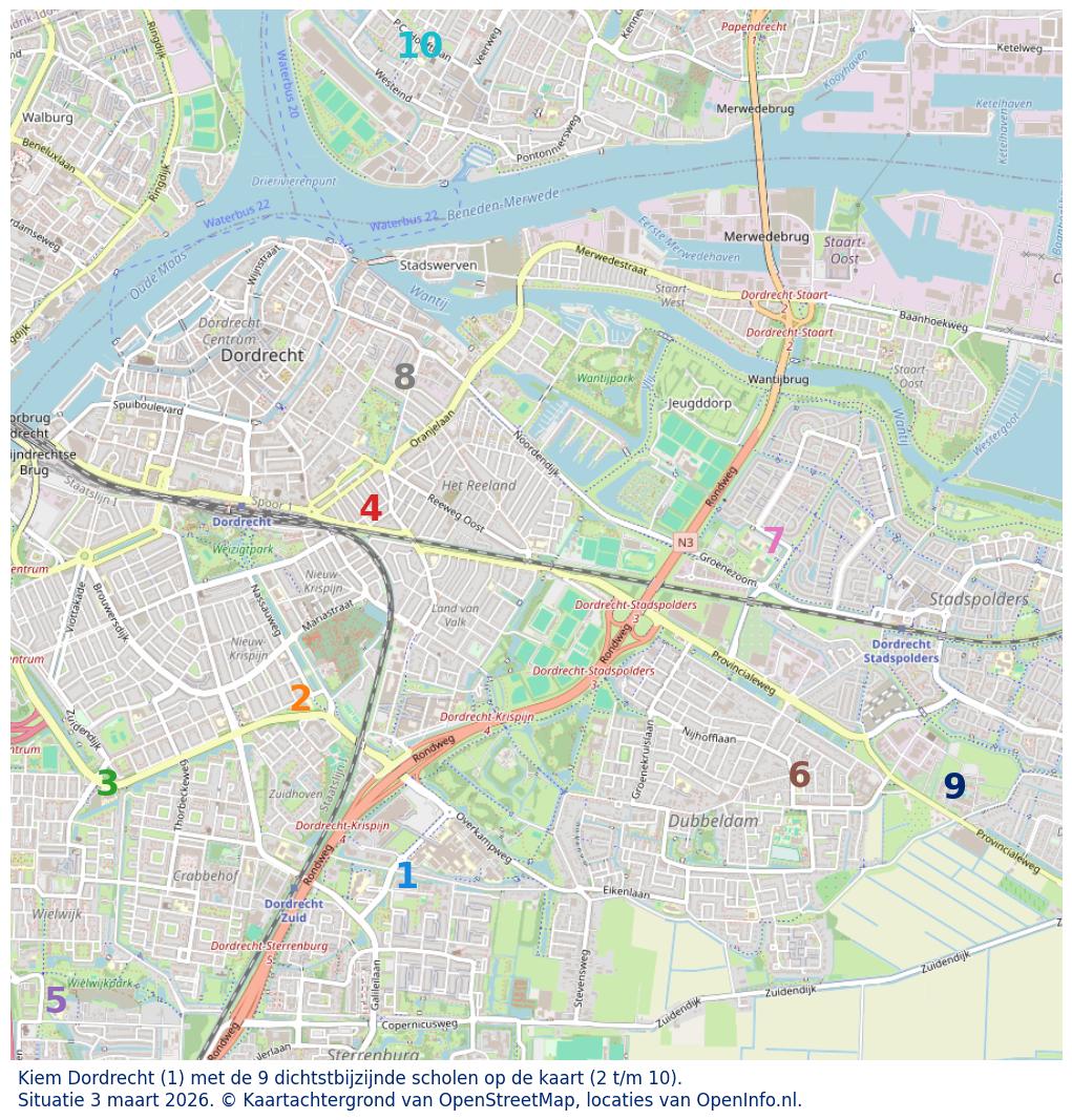 Kaart van de school met de tien dichtsbijzijnde scholen. Hierbij zijn de scholen genummerd van 1 tot en met 10. Nummer 1 is toegekend aan de schoolvestiging zelf: Kiem Dordrecht.