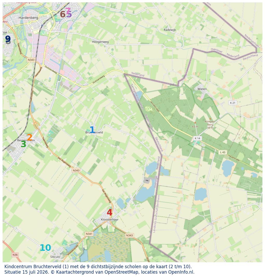 Kaart van de school met de tien dichtsbijzijnde scholen. Hierbij zijn de scholen genummerd van 1 tot en met 10. Nummer 1 is toegekend aan de schoolvestiging zelf: Kindcentrum Bruchterveld.