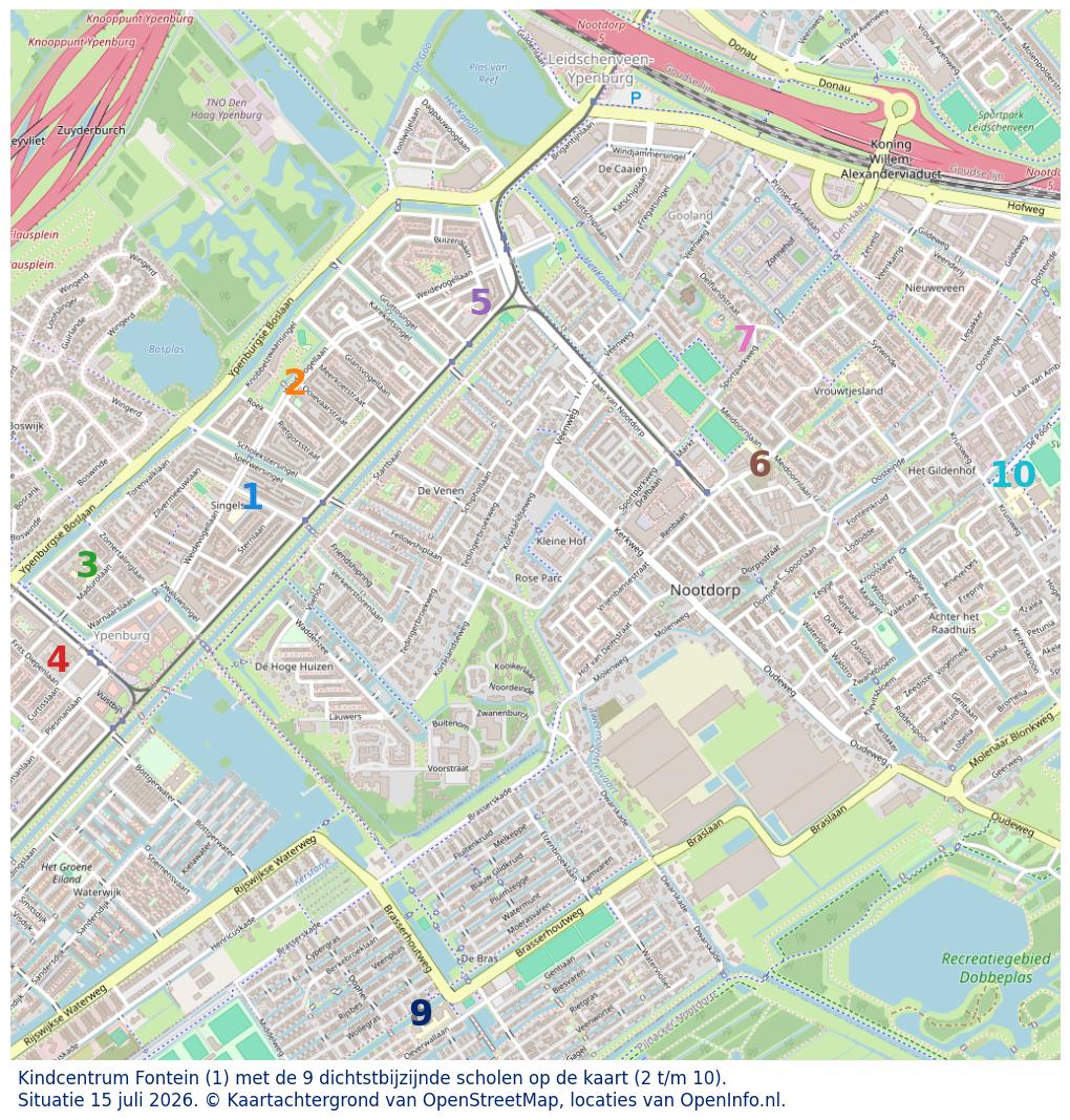 Kaart van de school met de tien dichtsbijzijnde scholen. Hierbij zijn de scholen genummerd van 1 tot en met 10. Nummer 1 is toegekend aan de schoolvestiging zelf: Kindcentrum Fontein.