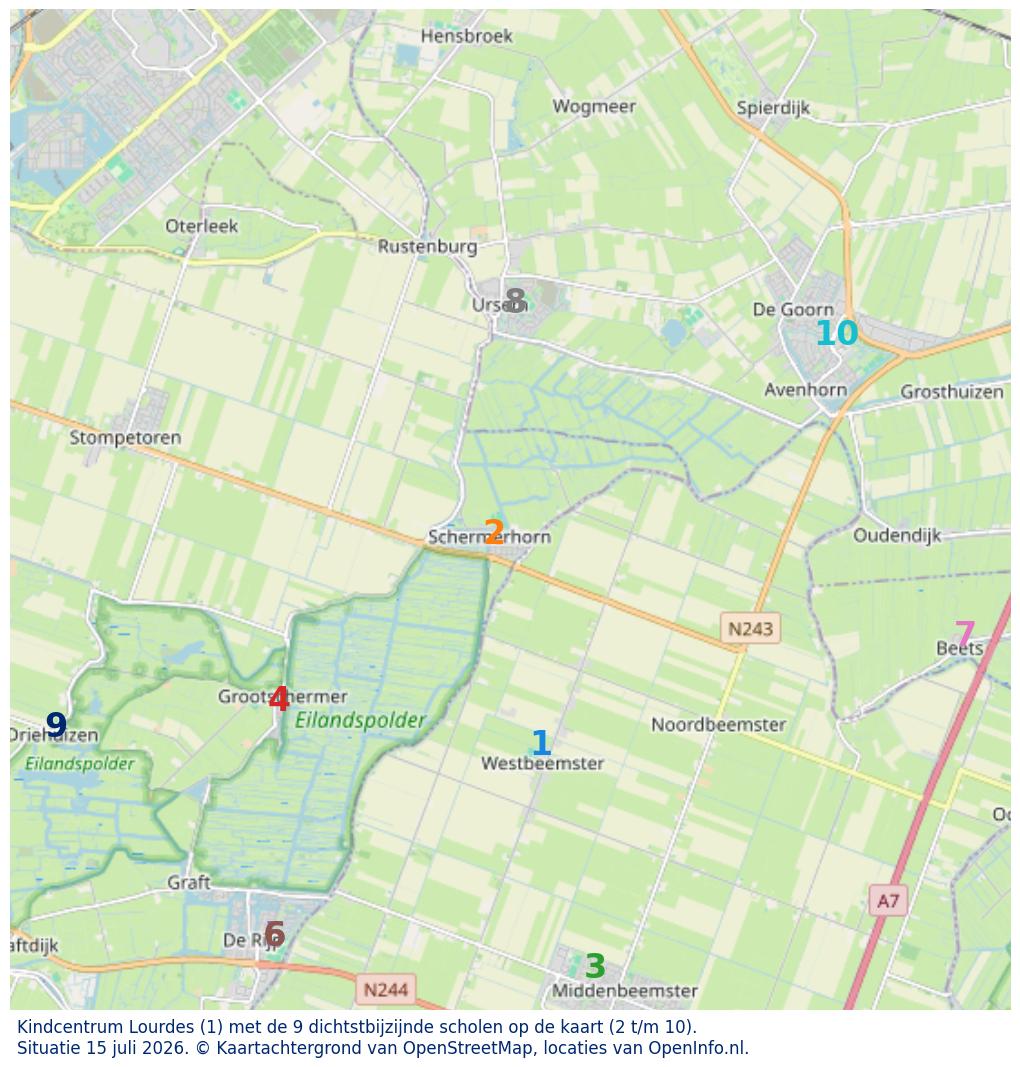 Kaart van de school met de tien dichtsbijzijnde scholen. Hierbij zijn de scholen genummerd van 1 tot en met 10. Nummer 1 is toegekend aan de schoolvestiging zelf: Kindcentrum Lourdes.