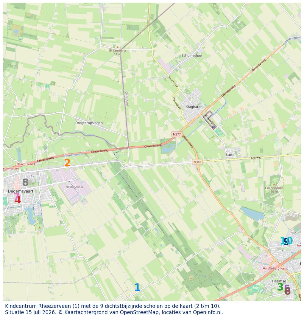 Kaart van de school met de tien dichtsbijzijnde scholen. Hierbij zijn de scholen genummerd van 1 tot en met 10. Nummer 1 is toegekend aan de schoolvestiging zelf: Kindcentrum Rheezerveen.