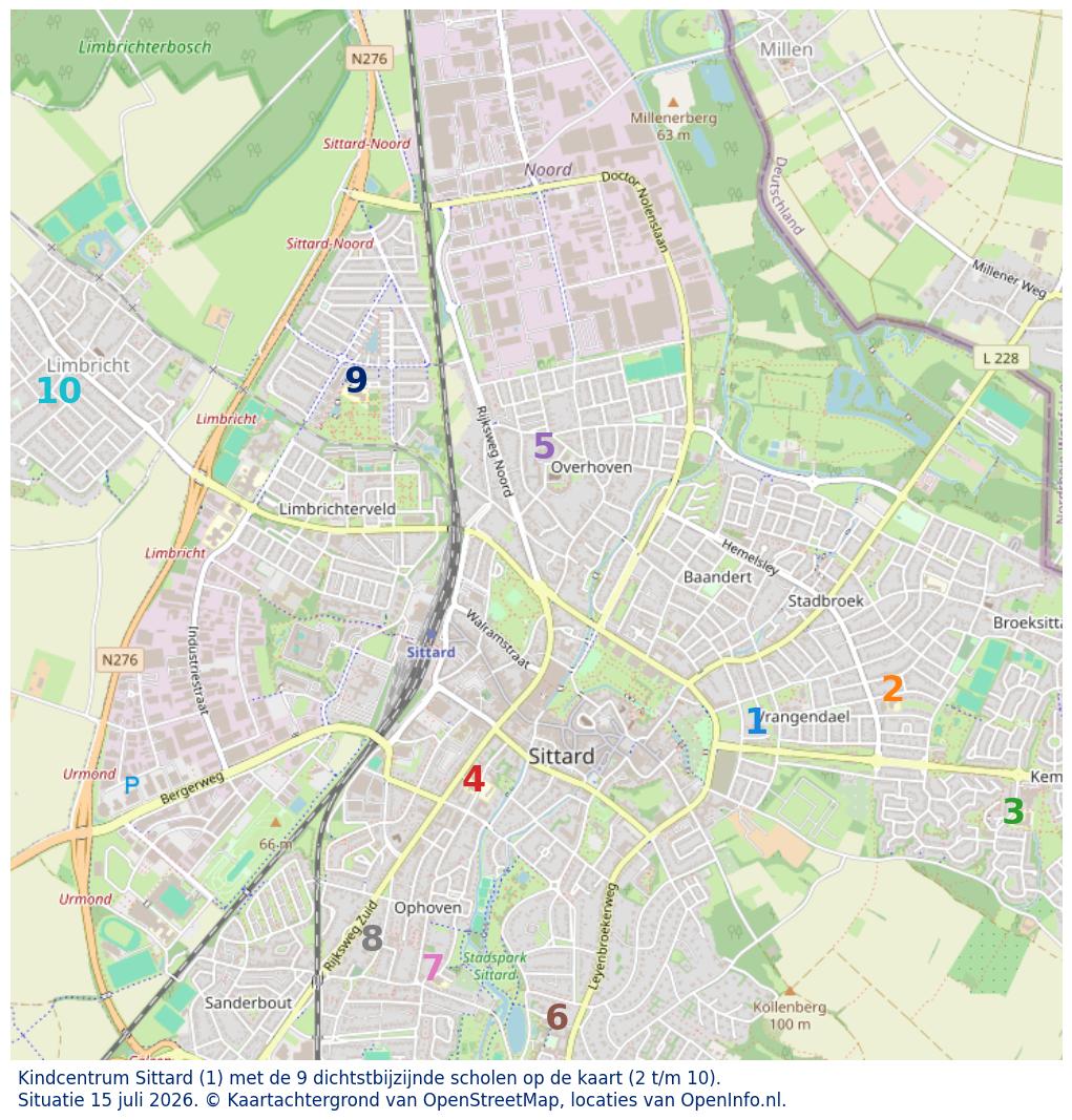 Kaart van de school met de tien dichtsbijzijnde scholen. Hierbij zijn de scholen genummerd van 1 tot en met 10. Nummer 1 is toegekend aan de schoolvestiging zelf: Kindcentrum Sittard.