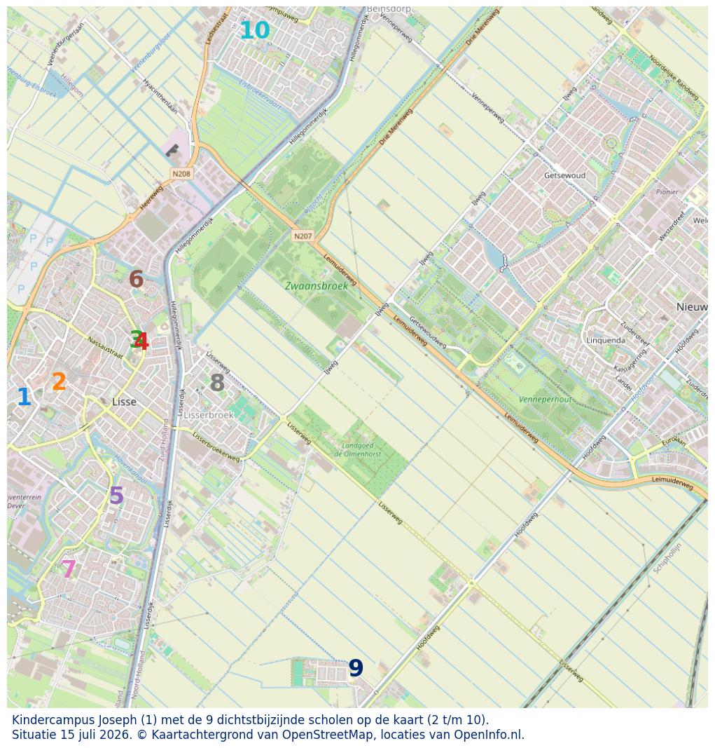 Kaart van de school met de tien dichtsbijzijnde scholen. Hierbij zijn de scholen genummerd van 1 tot en met 10. Nummer 1 is toegekend aan de schoolvestiging zelf: Kindercampus Joseph.