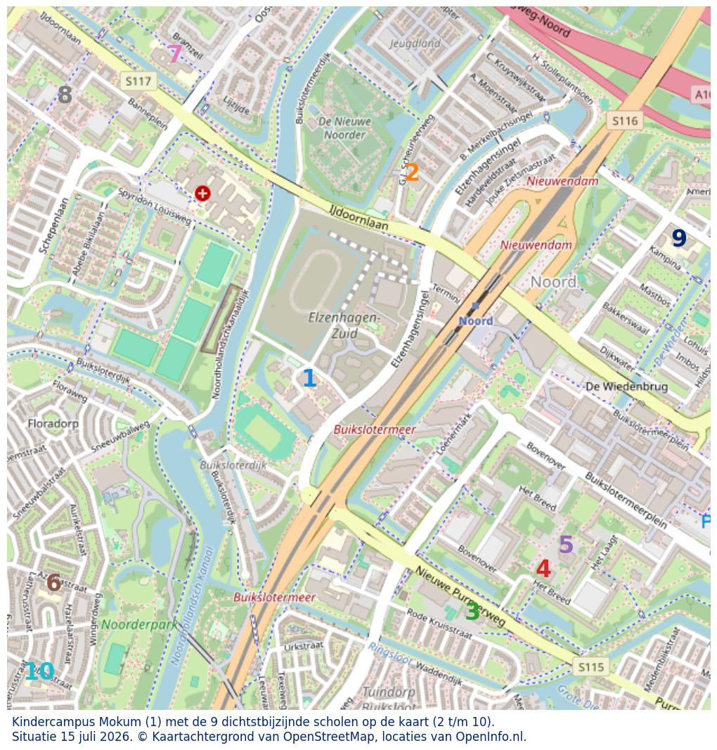 Kaart van de school met de tien dichtsbijzijnde scholen. Hierbij zijn de scholen genummerd van 1 tot en met 10. Nummer 1 is toegekend aan de schoolvestiging zelf: Kindercampus Mokum.