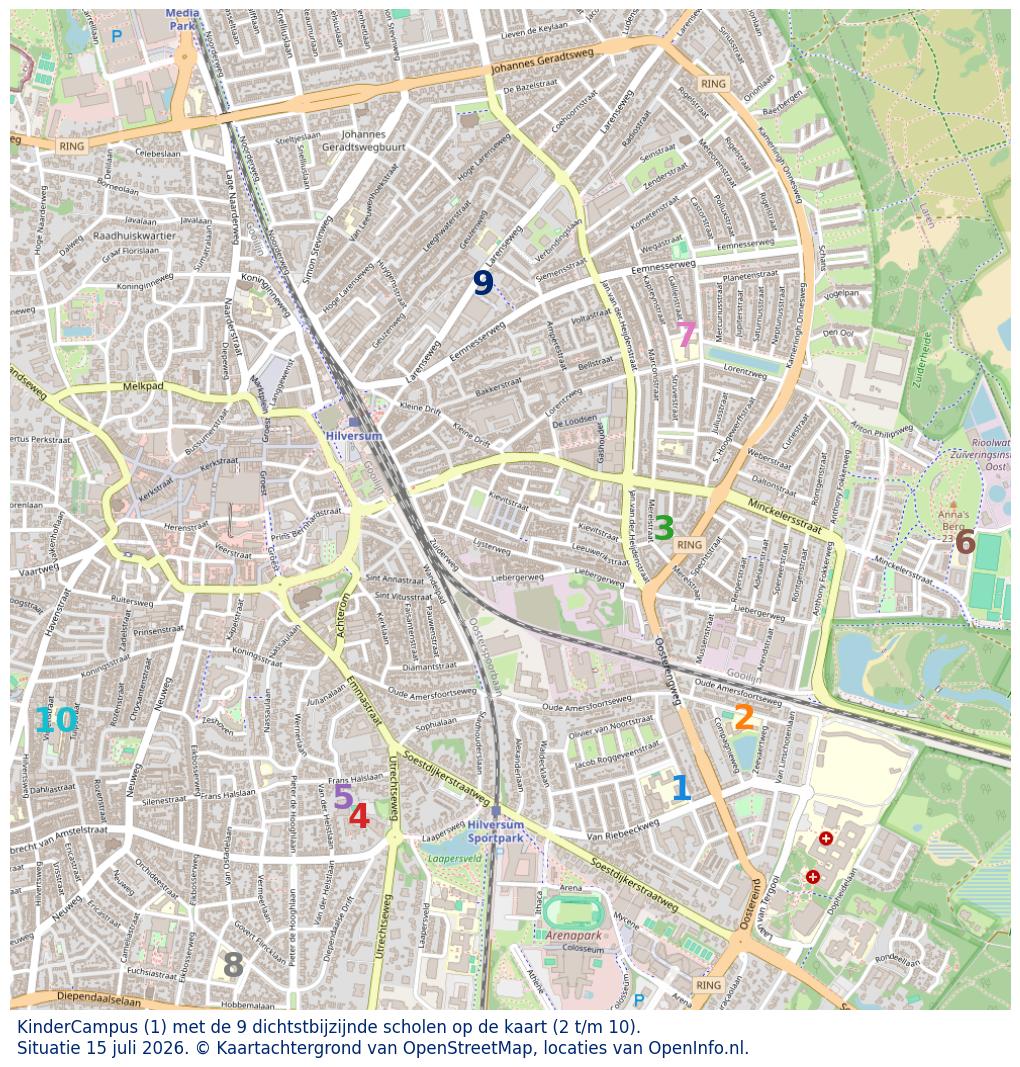 Kaart van de school met de tien dichtsbijzijnde scholen. Hierbij zijn de scholen genummerd van 1 tot en met 10. Nummer 1 is toegekend aan de schoolvestiging zelf: KinderCampus.