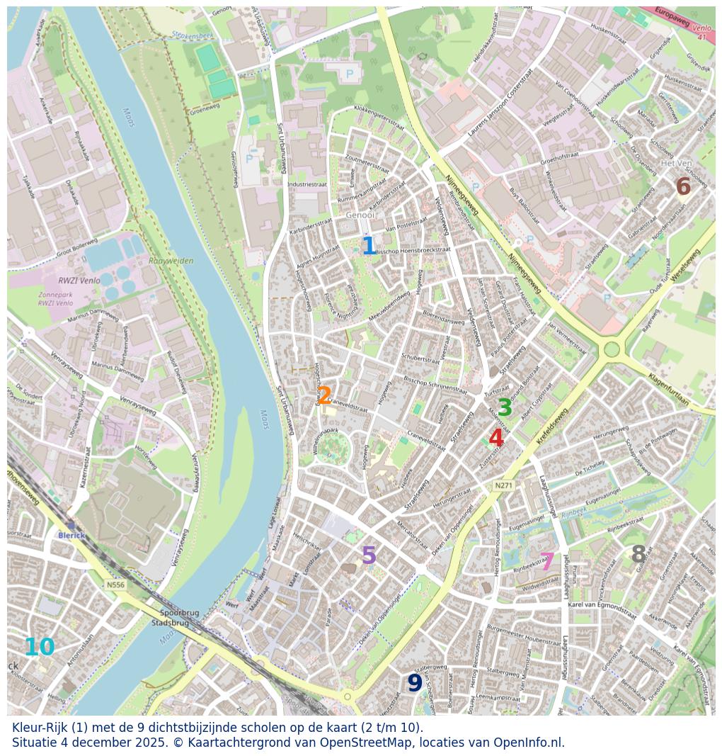 Kaart van de school met de tien dichtsbijzijnde scholen. Hierbij zijn de scholen genummerd van 1 tot en met 10. Nummer 1 is toegekend aan de schoolvestiging zelf: Kleur-Rijk.
