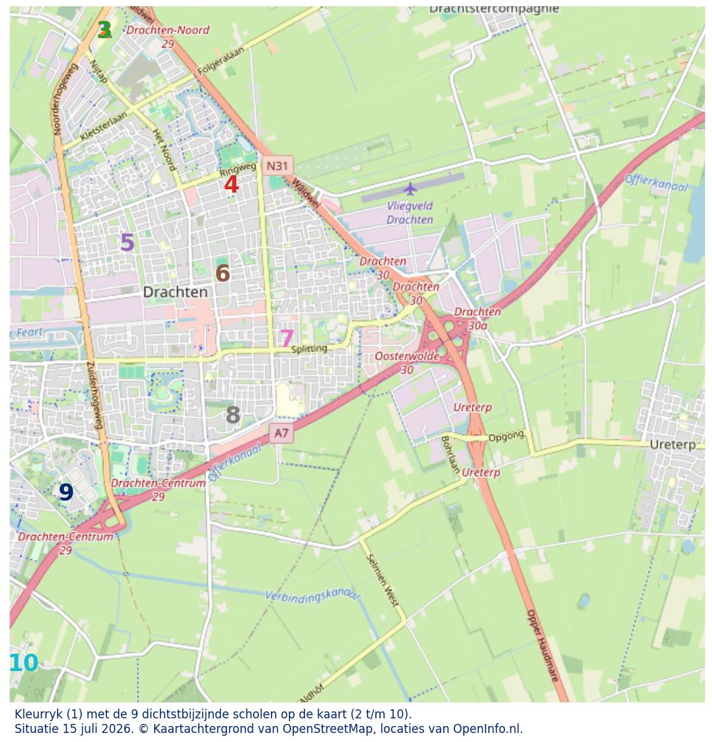 Kaart van de school met de tien dichtsbijzijnde scholen. Hierbij zijn de scholen genummerd van 1 tot en met 10. Nummer 1 is toegekend aan de schoolvestiging zelf: Kleurryk.