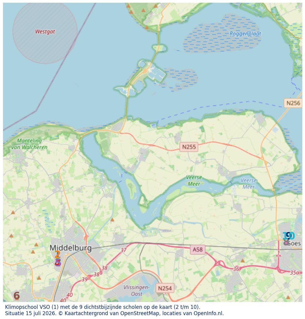 Kaart van de school met de tien dichtsbijzijnde scholen. Hierbij zijn de scholen genummerd van 1 tot en met 10. Nummer 1 is toegekend aan de schoolvestiging zelf: Klimopschool VSO.