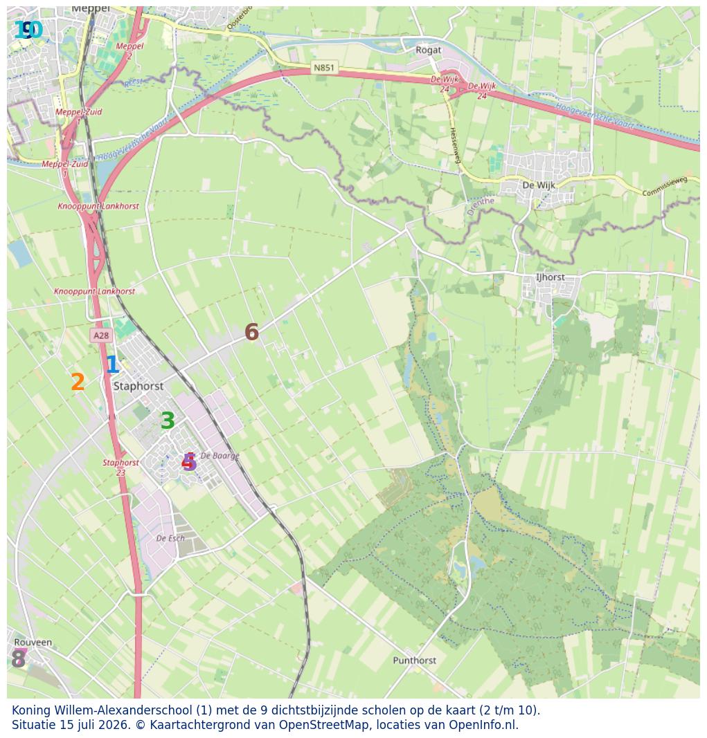 Kaart van de school met de tien dichtsbijzijnde scholen. Hierbij zijn de scholen genummerd van 1 tot en met 10. Nummer 1 is toegekend aan de schoolvestiging zelf: Koning Willem-Alexanderschool.