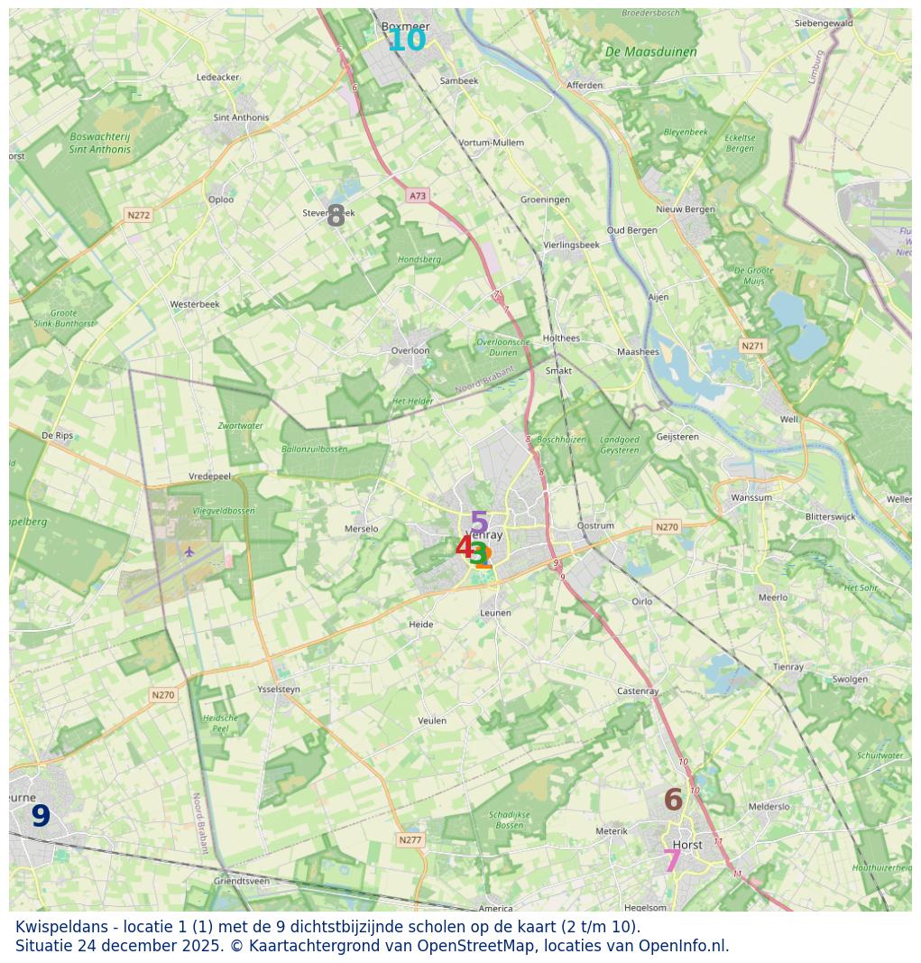 Kaart van de school met de tien dichtsbijzijnde scholen. Hierbij zijn de scholen genummerd van 1 tot en met 10. Nummer 1 is toegekend aan de schoolvestiging zelf: Kwispeldans - locatie 1.
