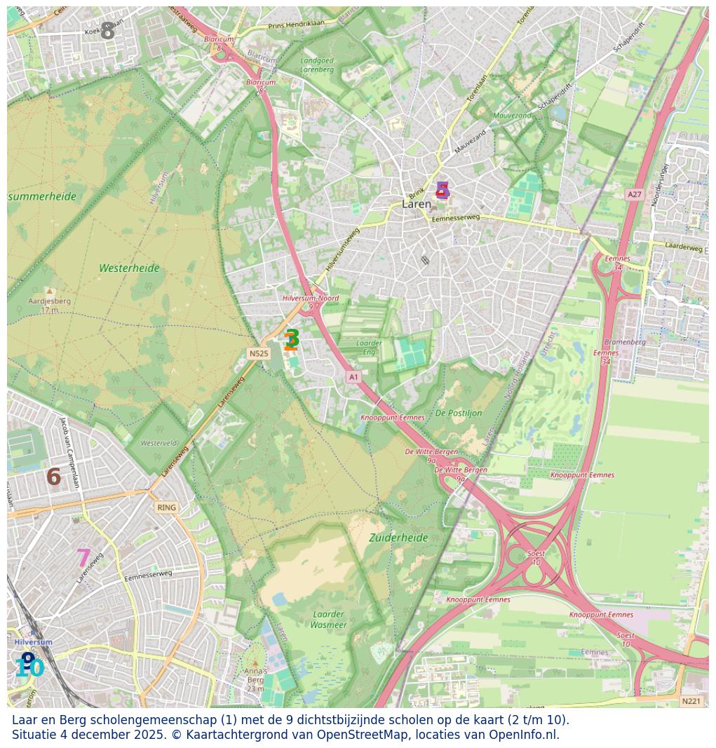 Kaart van de school met de tien dichtsbijzijnde scholen. Hierbij zijn de scholen genummerd van 1 tot en met 10. Nummer 1 is toegekend aan de schoolvestiging zelf: Laar en Berg scholengemeenschap.