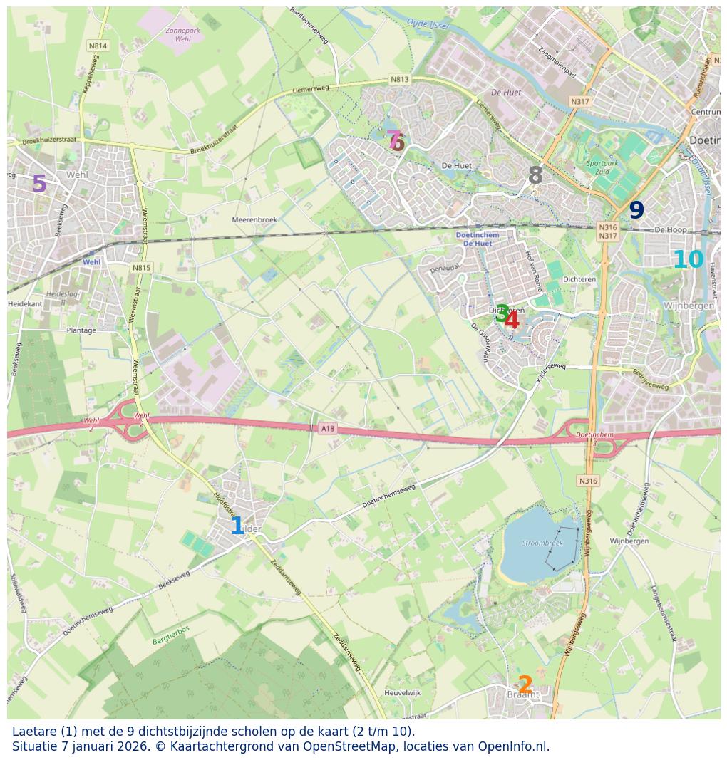 Kaart van de school met de tien dichtsbijzijnde scholen. Hierbij zijn de scholen genummerd van 1 tot en met 10. Nummer 1 is toegekend aan de schoolvestiging zelf: Laetare.
