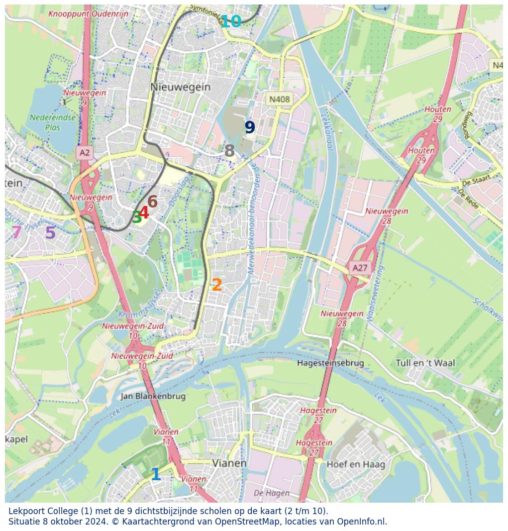 Kaart van de school met de tien dichtsbijzijnde scholen. Hierbij zijn de scholen genummerd van 1 tot en met 10. Nummer 1 is toegekend aan de schoolvestiging zelf: Lekpoort College.