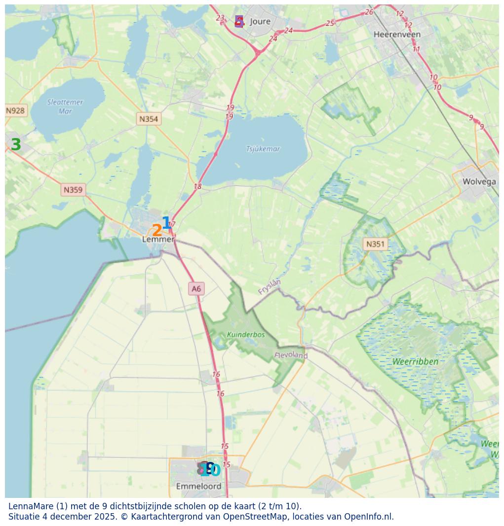 Kaart van de school met de tien dichtsbijzijnde scholen. Hierbij zijn de scholen genummerd van 1 tot en met 10. Nummer 1 is toegekend aan de schoolvestiging zelf: LennaMare.