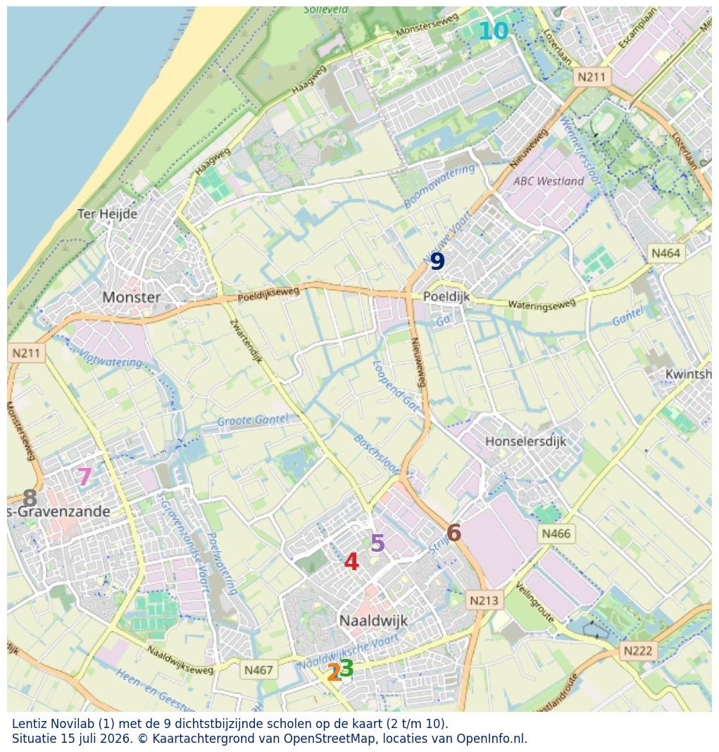 Kaart van de school met de tien dichtsbijzijnde scholen. Hierbij zijn de scholen genummerd van 1 tot en met 10. Nummer 1 is toegekend aan de schoolvestiging zelf: Lentiz Novilab.