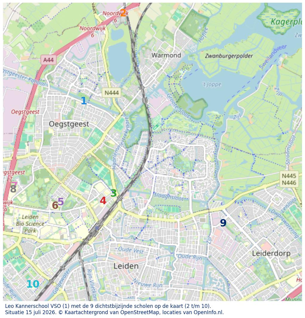 Kaart van de school met de tien dichtsbijzijnde scholen. Hierbij zijn de scholen genummerd van 1 tot en met 10. Nummer 1 is toegekend aan de schoolvestiging zelf: Leo Kannerschool VSO.