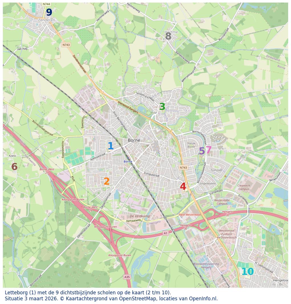 Kaart van de school met de tien dichtsbijzijnde scholen. Hierbij zijn de scholen genummerd van 1 tot en met 10. Nummer 1 is toegekend aan de schoolvestiging zelf: Letteborg.