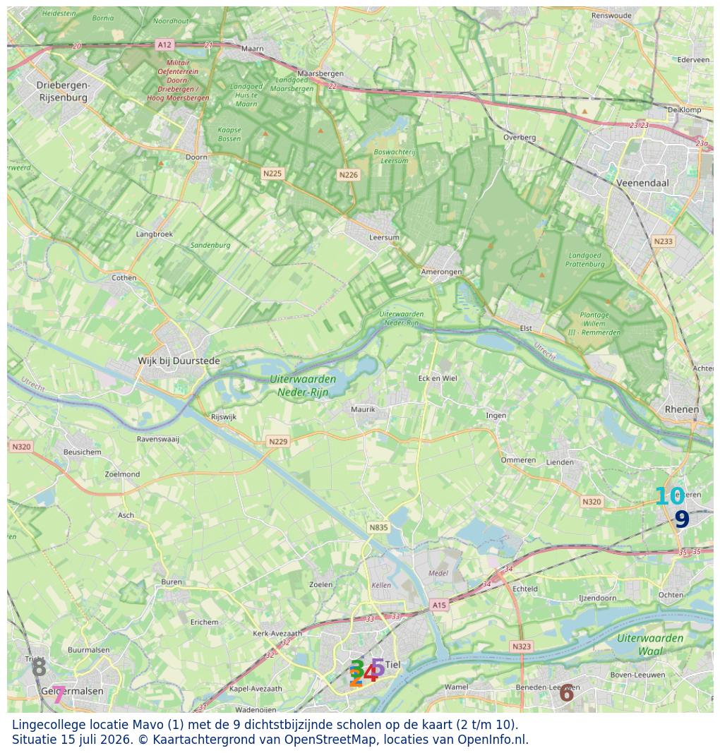 Kaart van de school met de tien dichtsbijzijnde scholen. Hierbij zijn de scholen genummerd van 1 tot en met 10. Nummer 1 is toegekend aan de schoolvestiging zelf: Lingecollege locatie Mavo.