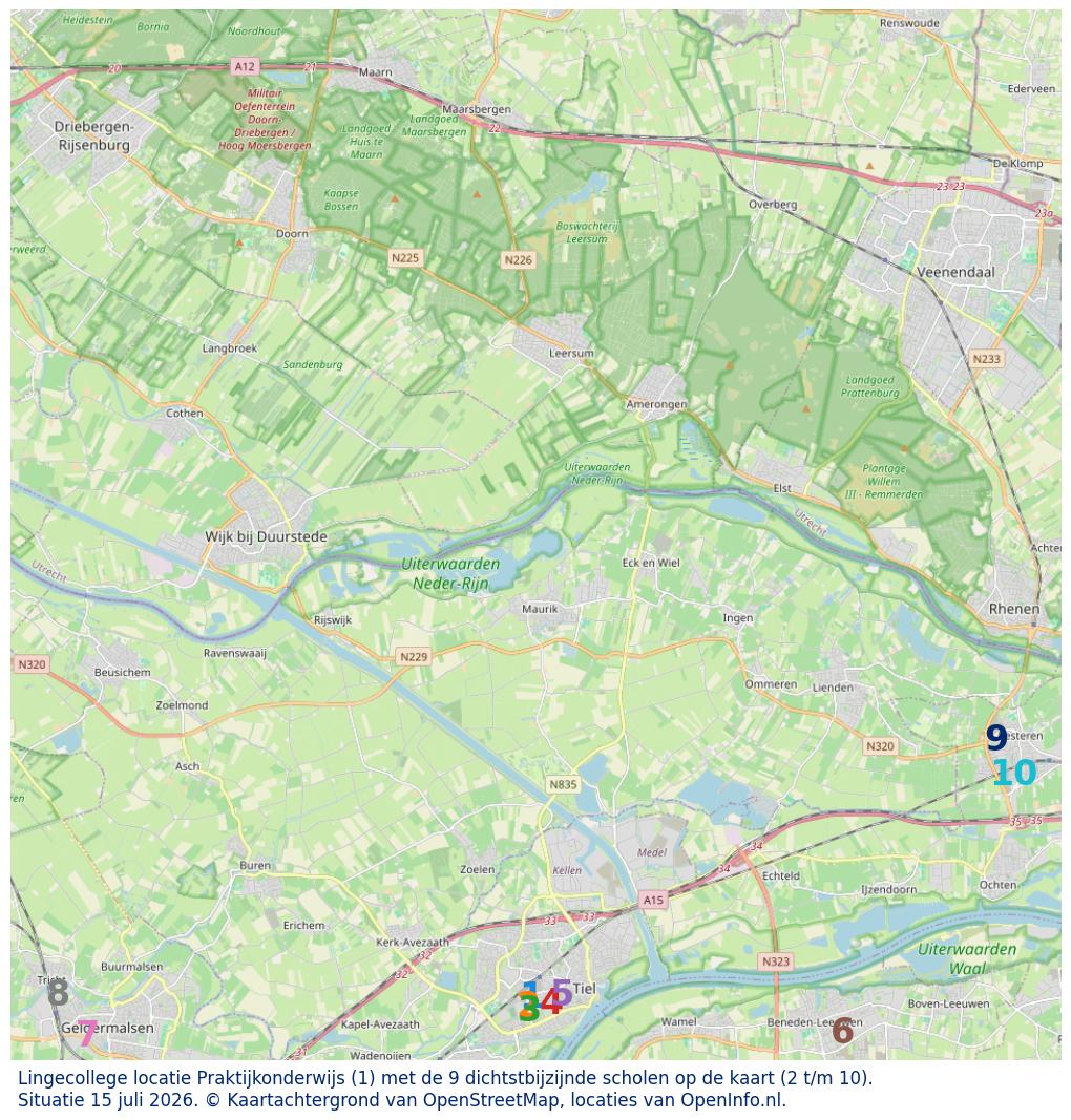 Kaart van de school met de tien dichtsbijzijnde scholen. Hierbij zijn de scholen genummerd van 1 tot en met 10. Nummer 1 is toegekend aan de schoolvestiging zelf: Lingecollege locatie Praktijkonderwijs.