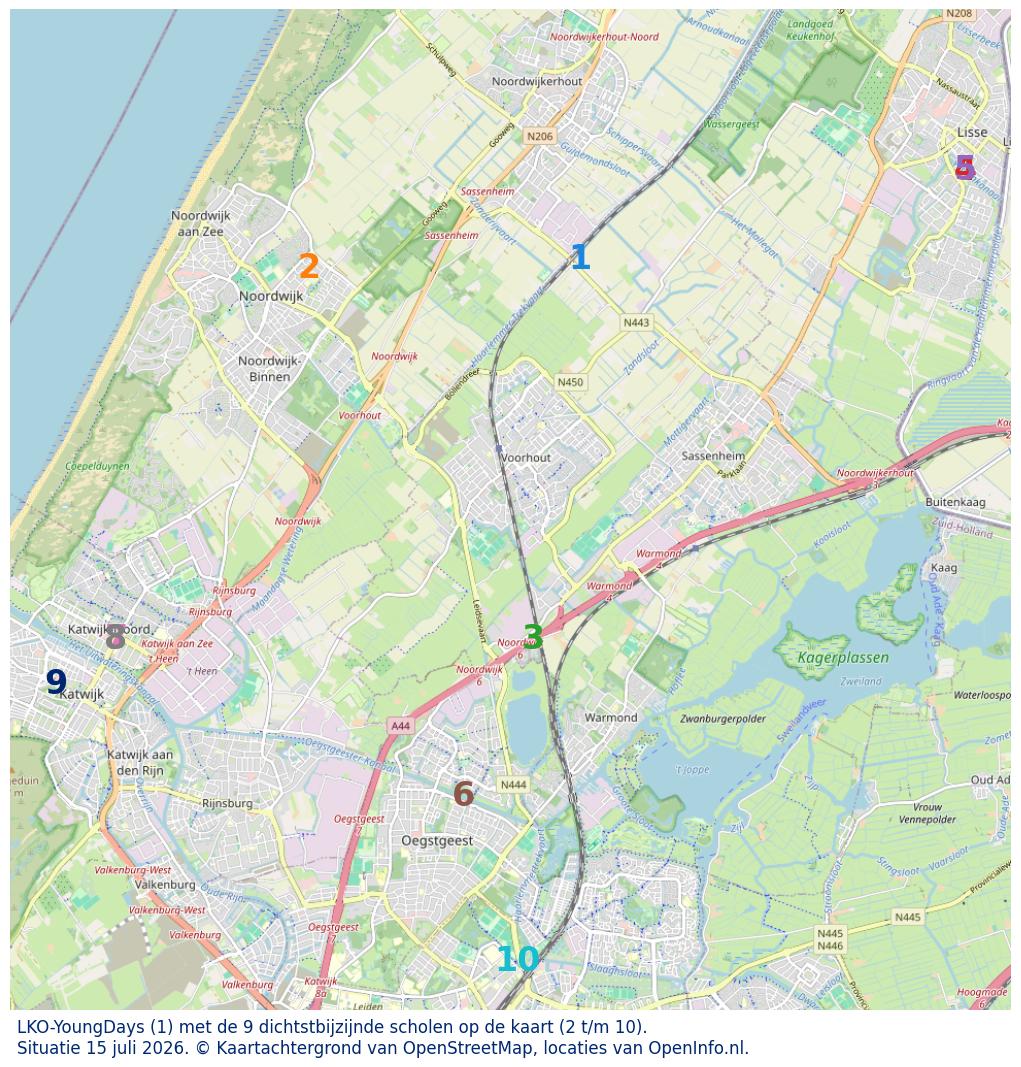 Kaart van de school met de tien dichtsbijzijnde scholen. Hierbij zijn de scholen genummerd van 1 tot en met 10. Nummer 1 is toegekend aan de schoolvestiging zelf: LKO-YoungDays.