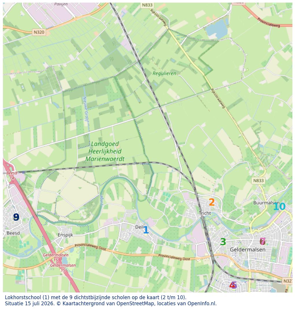 Kaart van de school met de tien dichtsbijzijnde scholen. Hierbij zijn de scholen genummerd van 1 tot en met 10. Nummer 1 is toegekend aan de schoolvestiging zelf: Lokhorstschool.