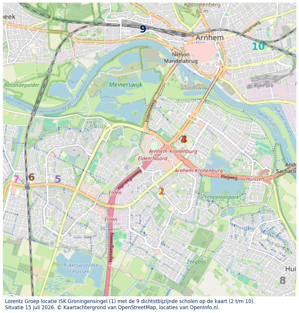 Kaart van de school met de tien dichtsbijzijnde scholen. Hierbij zijn de scholen genummerd van 1 tot en met 10. Nummer 1 is toegekend aan de schoolvestiging zelf: Lorentz Groep locatie ISK Groningensingel.