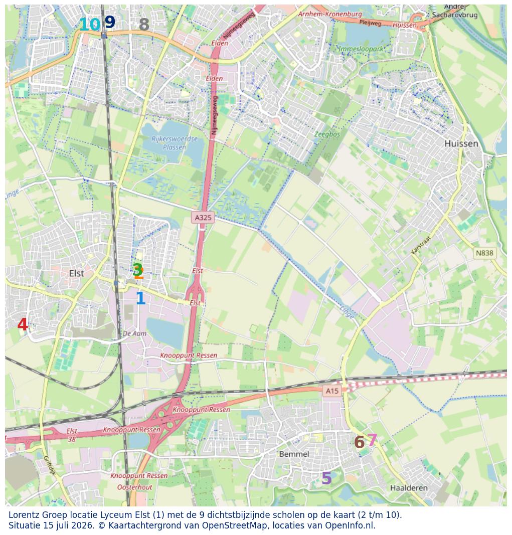 Kaart van de school met de tien dichtsbijzijnde scholen. Hierbij zijn de scholen genummerd van 1 tot en met 10. Nummer 1 is toegekend aan de schoolvestiging zelf: Lorentz Groep locatie Lyceum Elst.