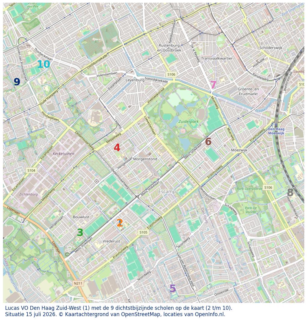 Kaart van de school met de tien dichtsbijzijnde scholen. Hierbij zijn de scholen genummerd van 1 tot en met 10. Nummer 1 is toegekend aan de schoolvestiging zelf: Lucas VO Den Haag Zuid-West.