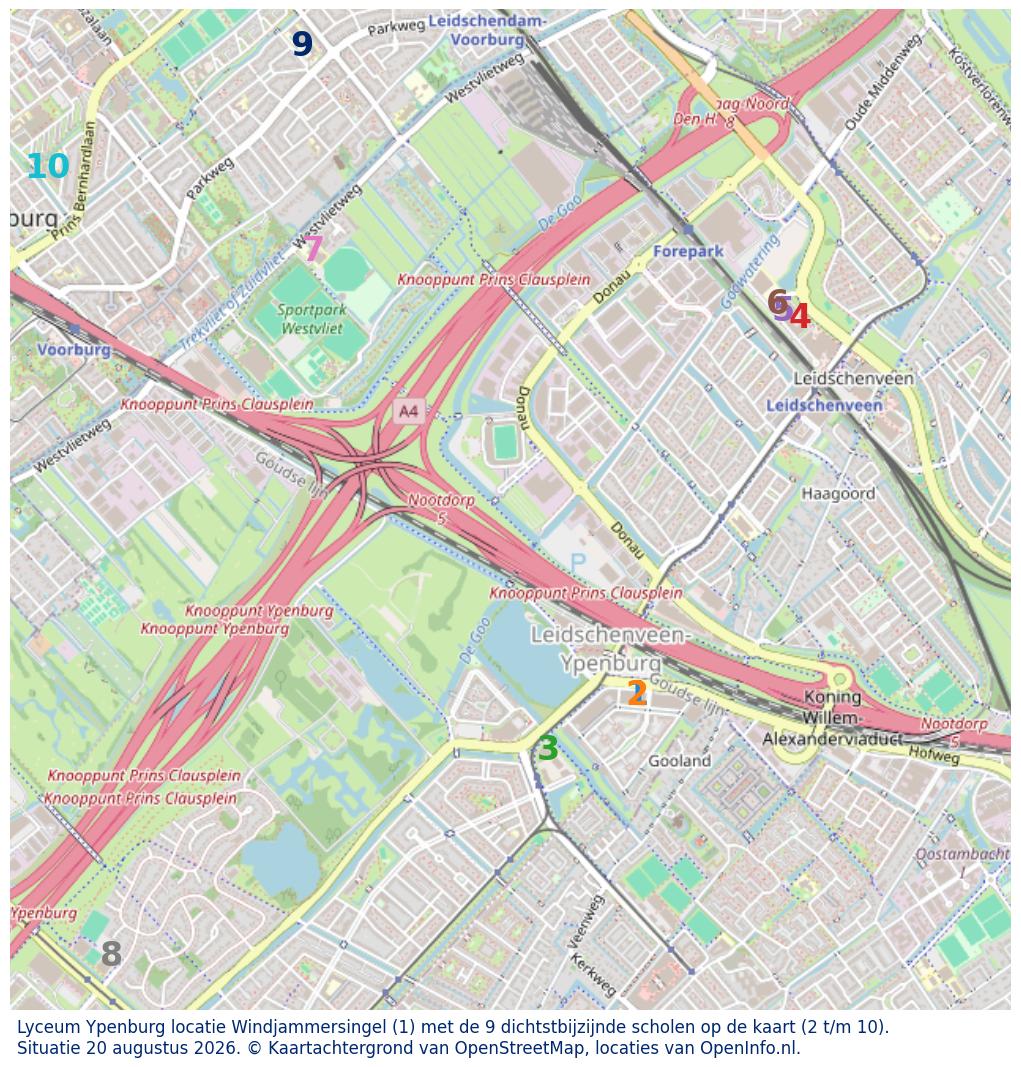Kaart van de school met de tien dichtsbijzijnde scholen. Hierbij zijn de scholen genummerd van 1 tot en met 10. Nummer 1 is toegekend aan de schoolvestiging zelf: Lyceum Ypenburg locatie Windjammersingel.