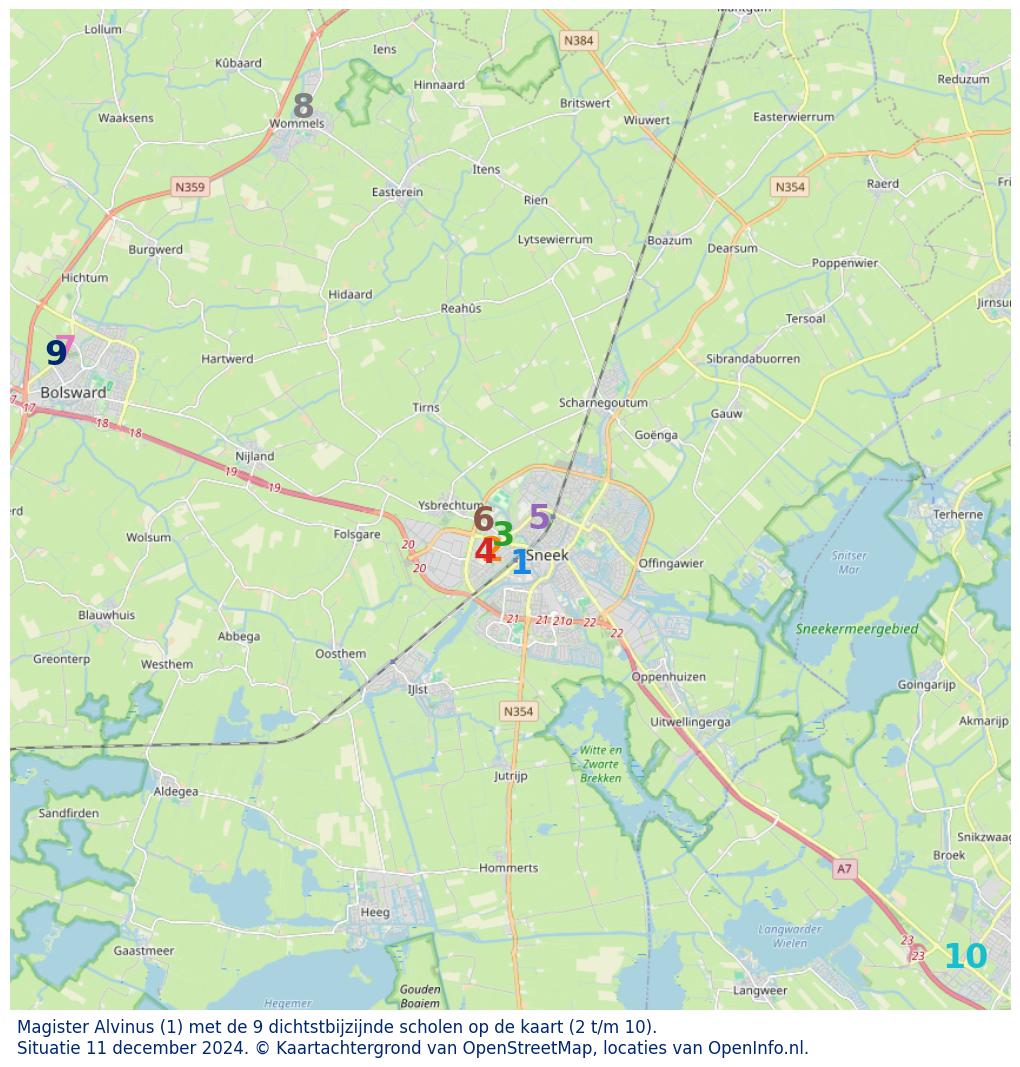 Kaart van de school met de tien dichtsbijzijnde scholen. Hierbij zijn de scholen genummerd van 1 tot en met 10. Nummer 1 is toegekend aan de schoolvestiging zelf: Magister Alvinus.