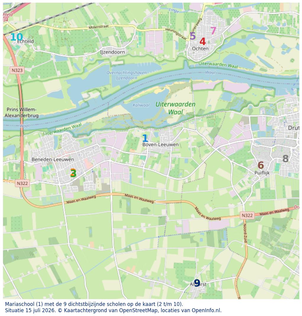 Kaart van de school met de tien dichtsbijzijnde scholen. Hierbij zijn de scholen genummerd van 1 tot en met 10. Nummer 1 is toegekend aan de schoolvestiging zelf: Mariaschool.