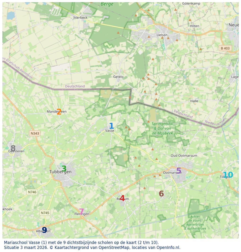 Kaart van de school met de tien dichtsbijzijnde scholen. Hierbij zijn de scholen genummerd van 1 tot en met 10. Nummer 1 is toegekend aan de schoolvestiging zelf: Mariaschool Vasse.