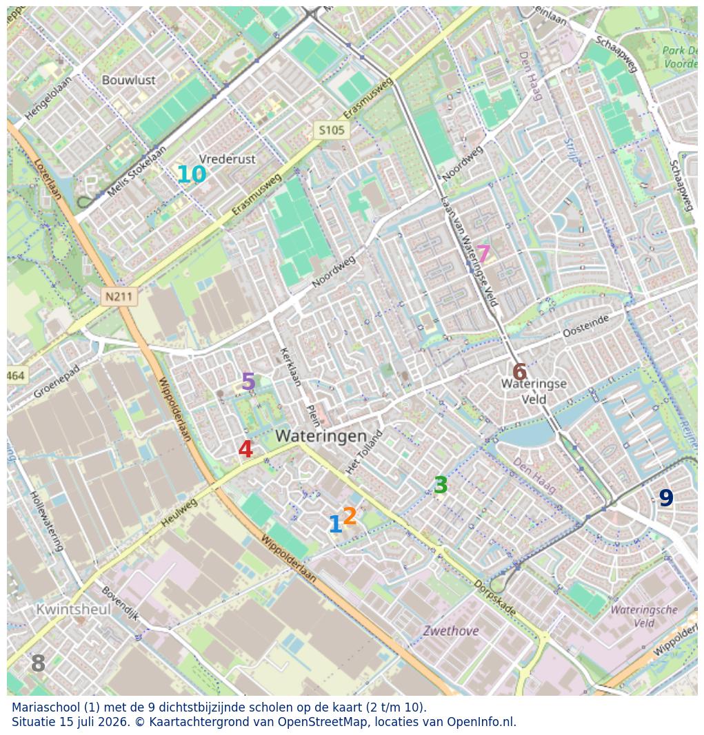 Kaart van de school met de tien dichtsbijzijnde scholen. Hierbij zijn de scholen genummerd van 1 tot en met 10. Nummer 1 is toegekend aan de schoolvestiging zelf: Mariaschool.