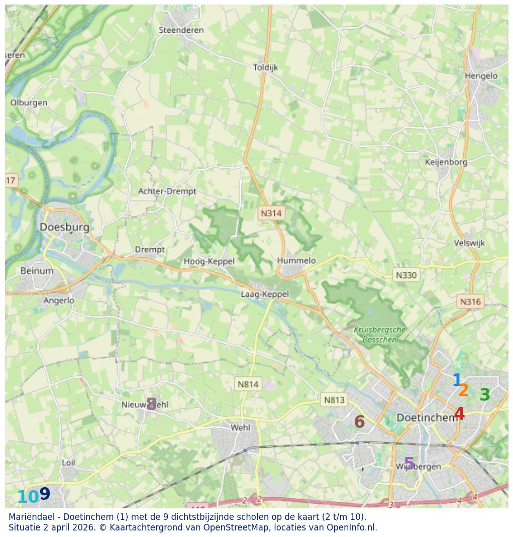 Kaart van de school met de tien dichtsbijzijnde scholen. Hierbij zijn de scholen genummerd van 1 tot en met 10. Nummer 1 is toegekend aan de schoolvestiging zelf: Mariëndael - Doetinchem.